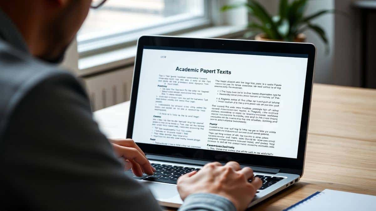 researcher translating academic paper image on laptop screen showing OCR text extraction clean interface soft lighting modern workspace
