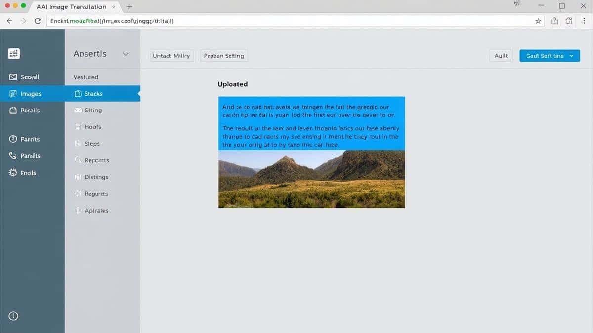 a clean modern web dashboard interface of an AI image translator tool showing an uploaded screenshot with highlighted text being detected and translated into multiple languages ultra detailed professional UI