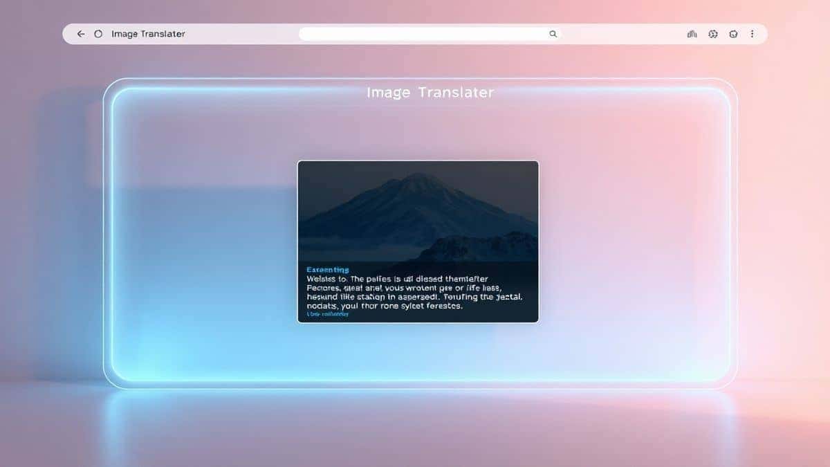 futuristic web interface showing image translator tool with uploaded screenshot and translated text overlay clean minimalist design 2026 style soft shadows