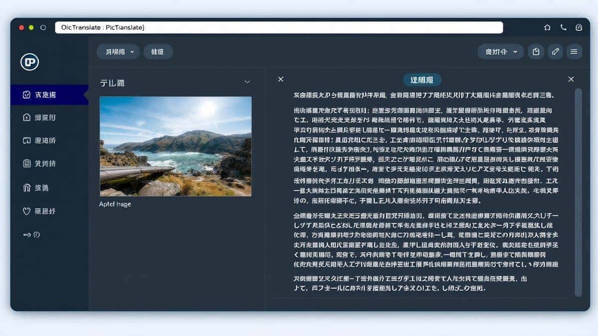 A clean, modern web dashboard interface of an AI OCR tool like PicTranslate, showing an uploaded image on the left side and perfectly extracted text on the right panel, ultra detailed, soft blue lighting