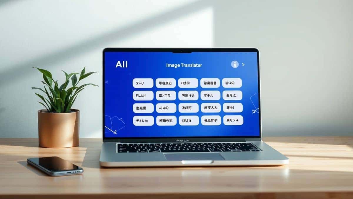 modern laptop displaying ai image translator interface with multiple language options sleek minimalist desk setup natural lighting