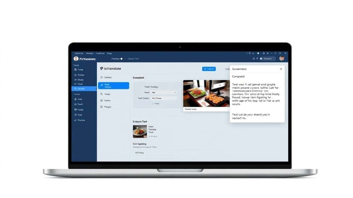 A modern laptop screen displaying the PicTranslate dashboard with a user uploading a screenshot, featuring a clean minimalist UI, soft blue ambient lighting, and a floating panel showing extracted text from an image of a restaurant menu.