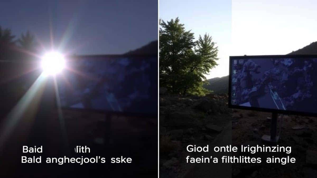 split screen comparison showing bad photo with glare and skew versus good photo with even lighting and straight angle, educational style with labels