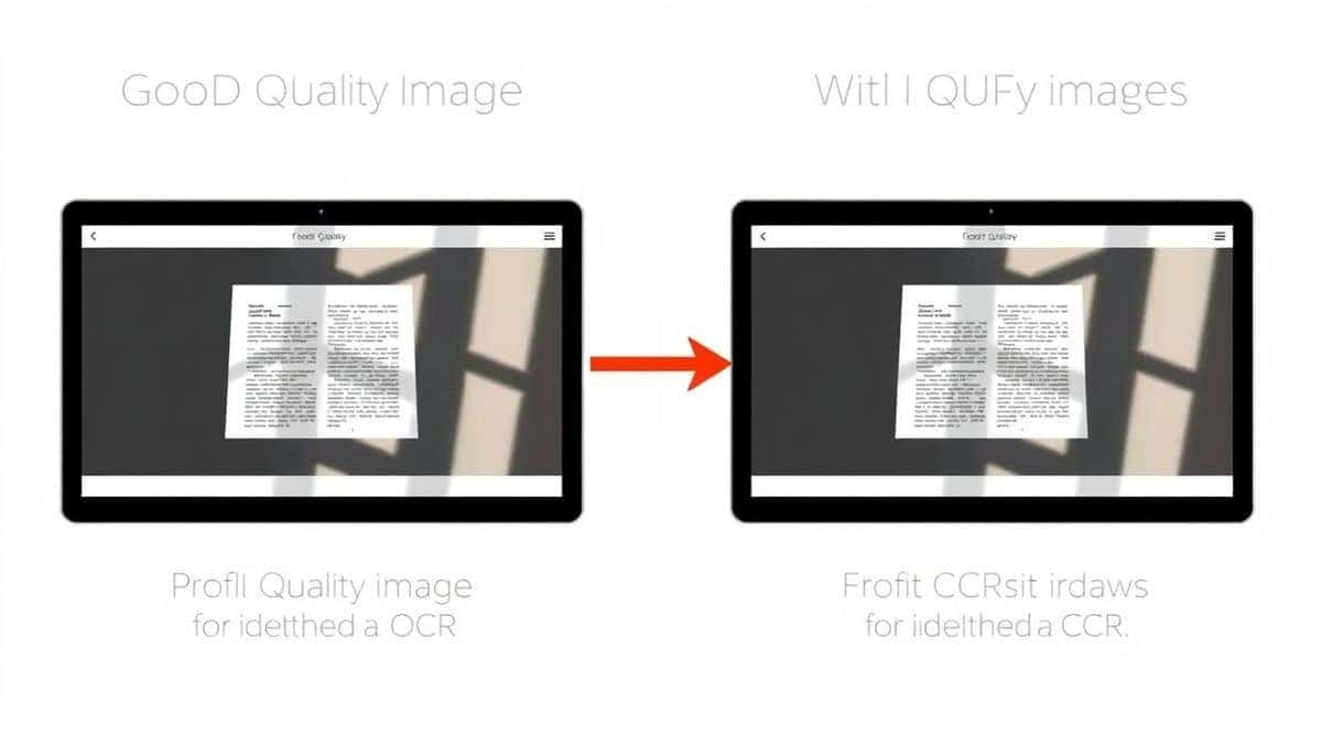 split screen comparison showing good quality image for OCR versus poor quality image with shadows, arrows indicating correct lighting and focus, educational style infographic split screen comparison showing good quality image for OCR versus poor quality image with shadows, arrows indicating correct lighting and focus, educational style infographic