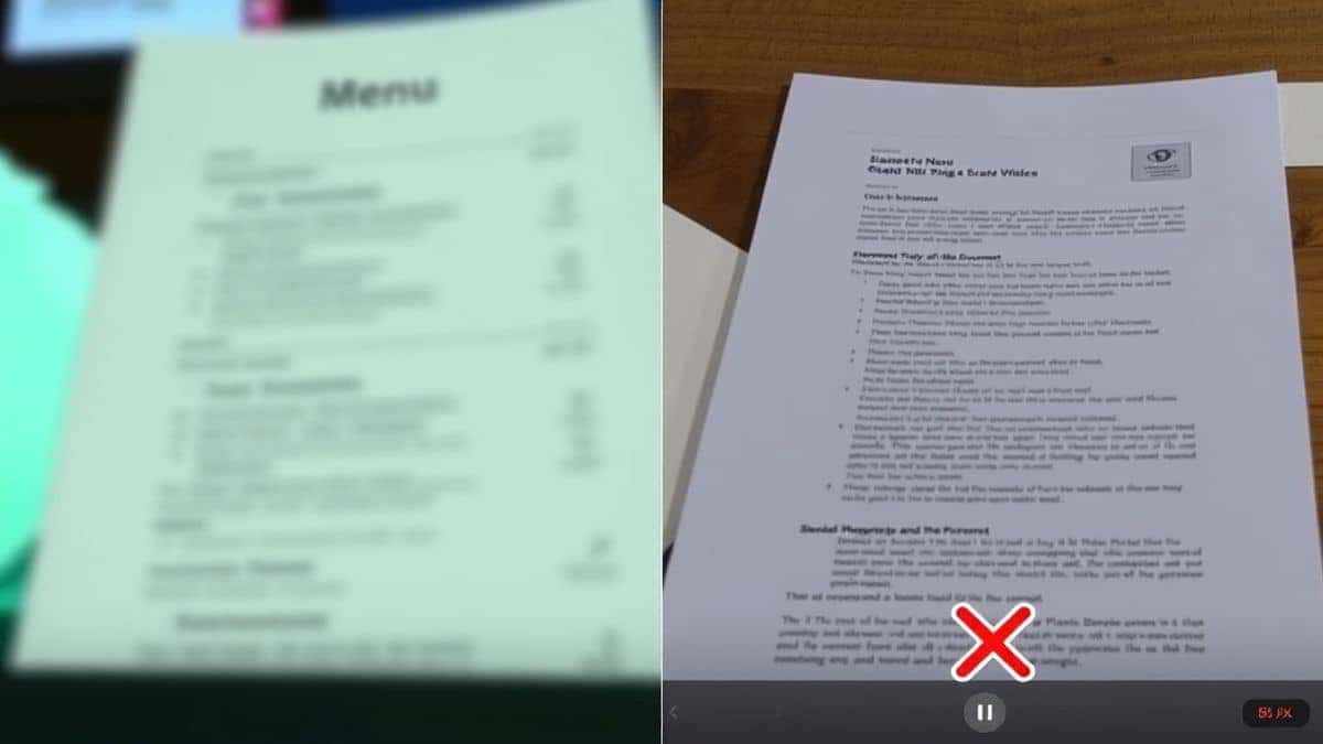 split screen comparison showing a bad blurry photo of a menu on the left and a clear well lit screenshot of a digital document on the right with checkmarks and x marks