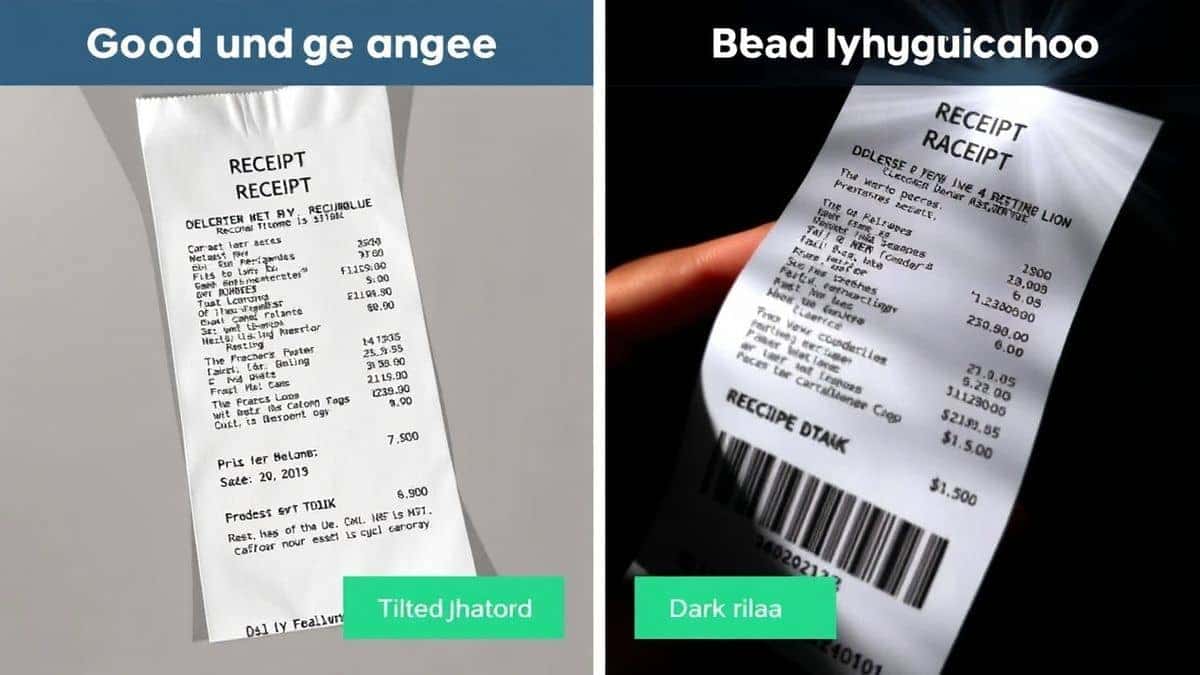 Side by side comparison of good vs bad image capture for OCR, left side showing a well-lit straight-on photo of a receipt, right side showing a dark tilted photo with glare, educational infographic style