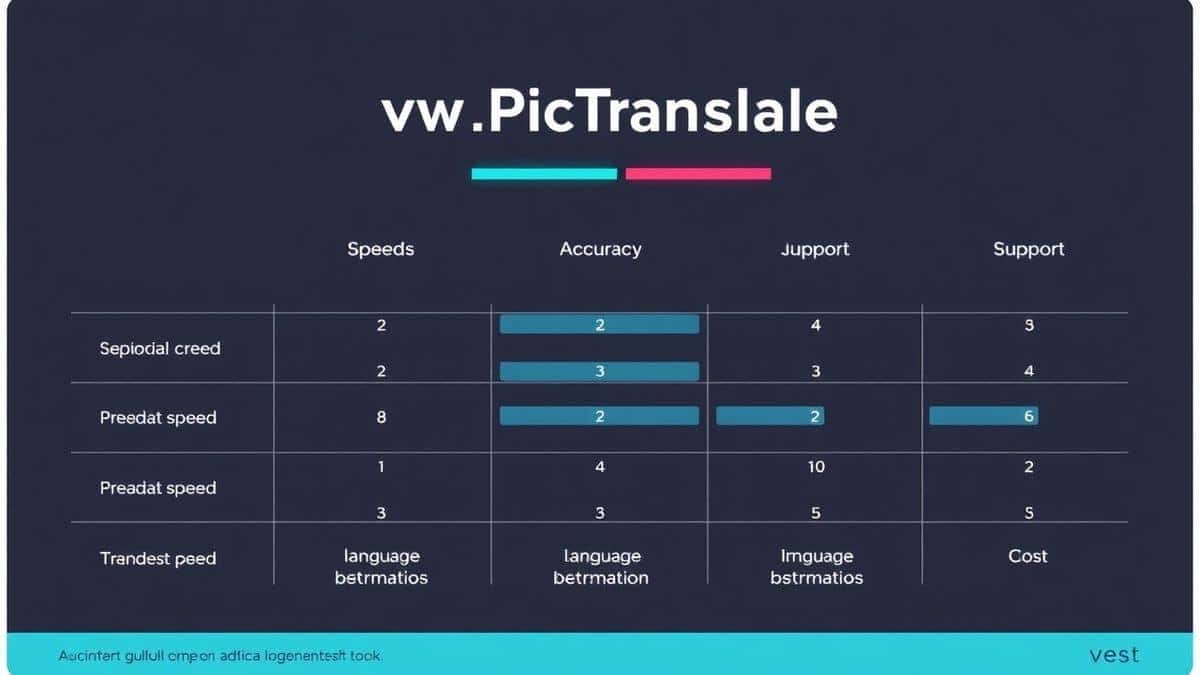 An infographic style chart comparing PicTranslate against three other tools, highlighting speed, accuracy, language support, and cost, using a clean bar graph design with a dark background and neon accent colors.
