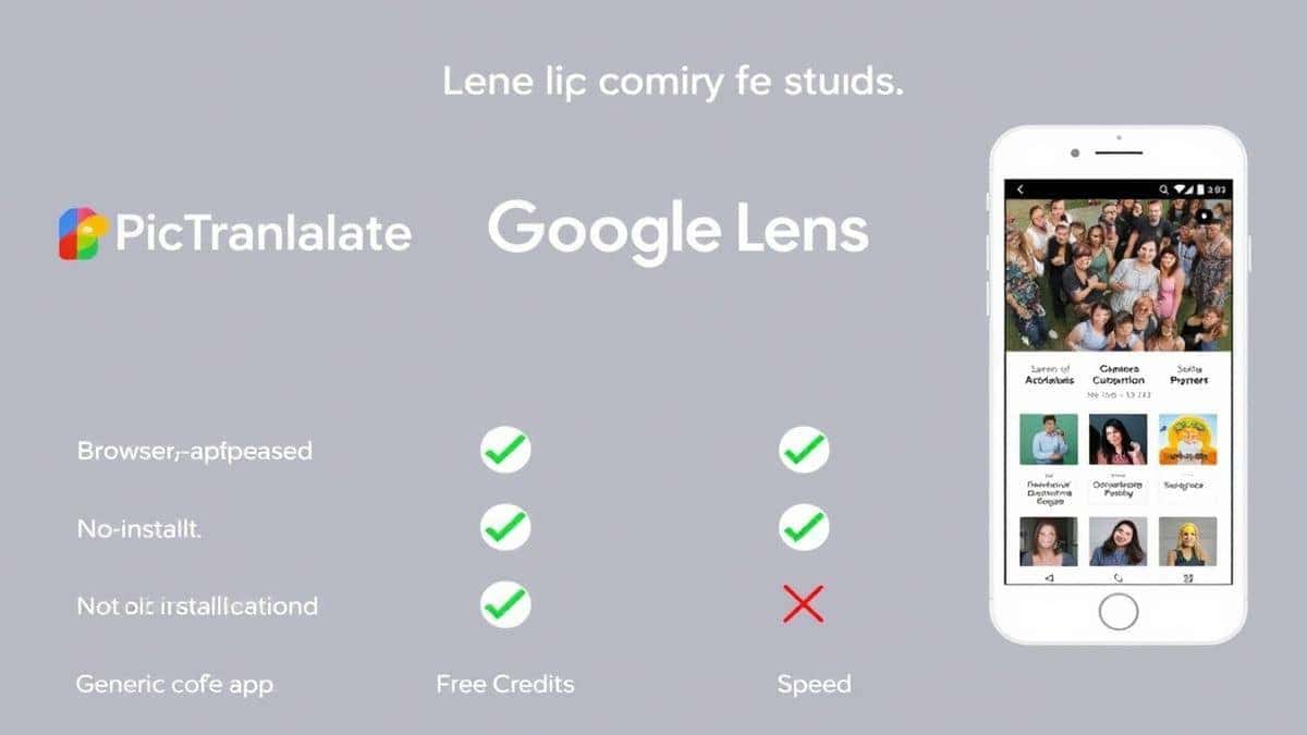 a clean comparison chart showing the logos of pictranslate google lens and a generic mobile ocr app with checkmarks and x marks for features like browser-based no installation free credits and speed