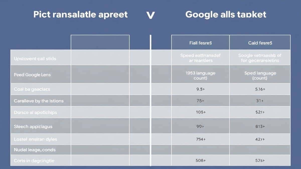 visual comparison grid showing PicTranslate Google Lens and mobile app features across speed language count and cost metrics