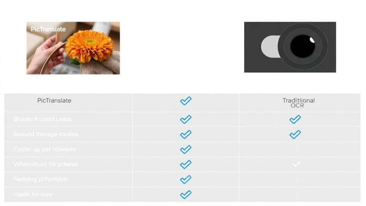 visual comparison table showing PicTranslate versus Google Lens and traditional OCR software, features listed with checkmarks, clean minimalist design with blue accent colors visual comparison table showing PicTranslate versus Google Lens and traditional OCR software, features listed with checkmarks, clean minimalist design with blue accent colors