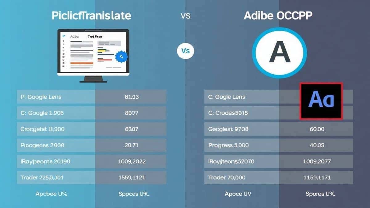 Side by side comparison chart of PicTranslate versus Google Lens and Adobe OCR software, highlighting speed and accuracy metrics, professional business presentation style