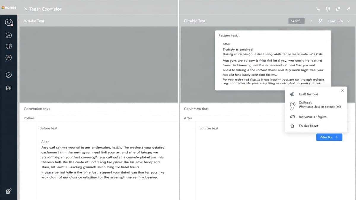 modern web-based dashboard showing a before and after conversion of a screenshot to editable text with a clean minimalist interface
