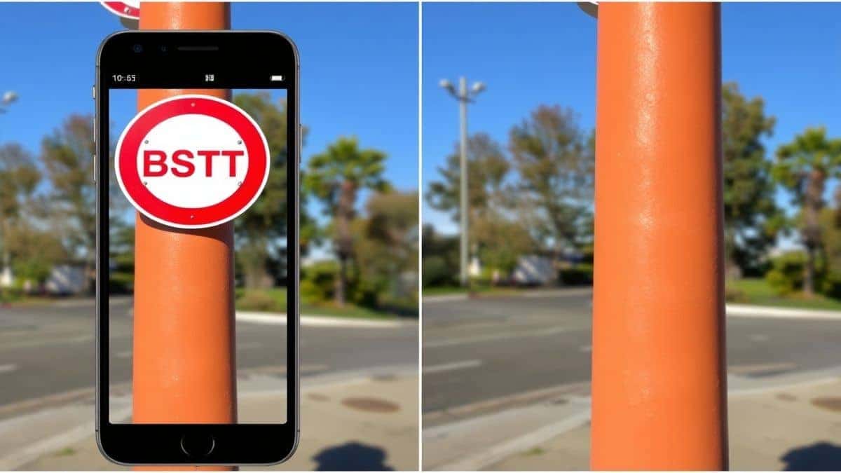photography tutorial style image showing two smartphone photos of a street sign, one at a bad angle with distortion, one straight on with perfect clarity for text extraction