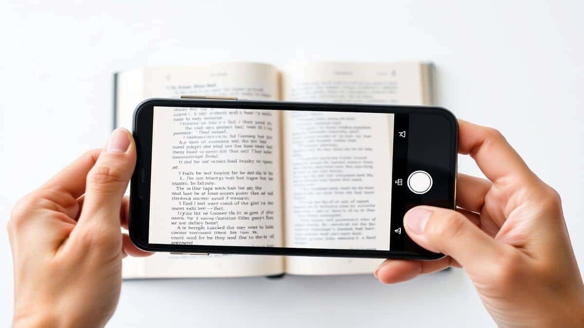 person holding smartphone capturing page of open book with text being highlighted by AI overlay clean bright modern setup