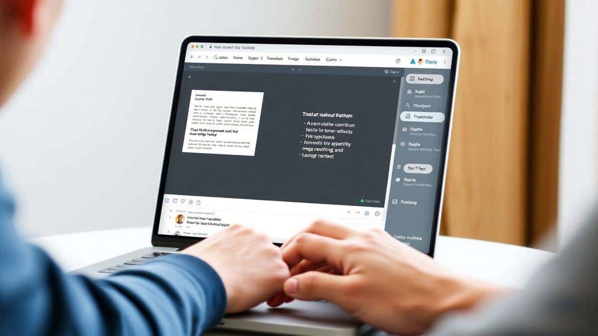 A person using a laptop with a clean, modern UI interface showing a screenshot being uploaded and text being highlighted and extracted by an AI OCR image translator tool. The screen displays editable text panels and translation options.
