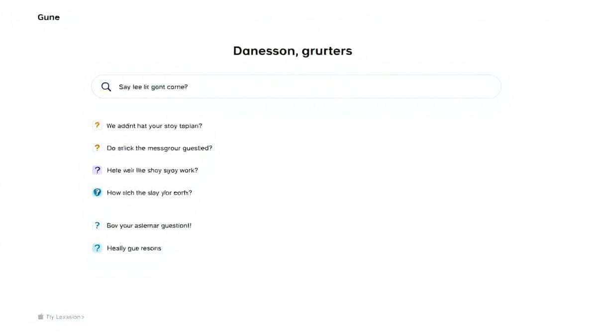 A frequently asked questions section on a website with a search bar and cartoonish question mark icons, light grey background, clean UI layout