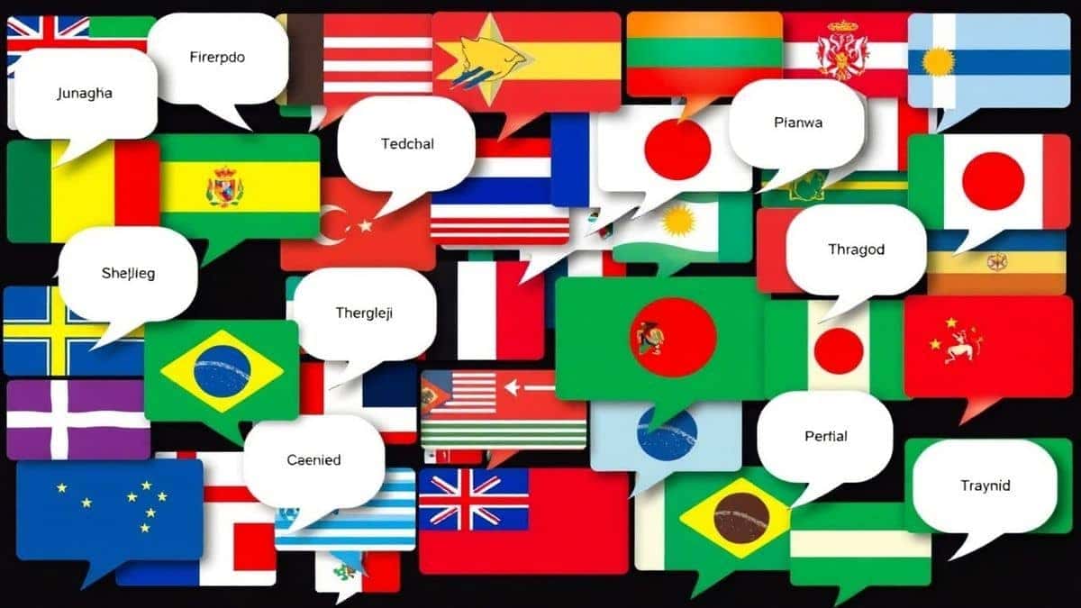 Collage of world flags and speech bubbles representing over 40 supported languages by PicTranslate image translator tool, global communication theme, vibrant colors