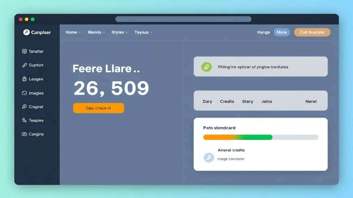 web interface showing user dashboard with free credits counter, daily check-in button highlighted, progress bar showing available credits for image translator usage, cheerful color scheme web interface showing user dashboard with free credits counter, daily check-in button highlighted, progress bar showing available credits for image translator usage, cheerful color scheme