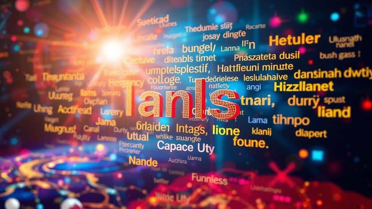abstract visualization of text floating between different languages and cultures connected by light beams representing translation technology vibrant colors