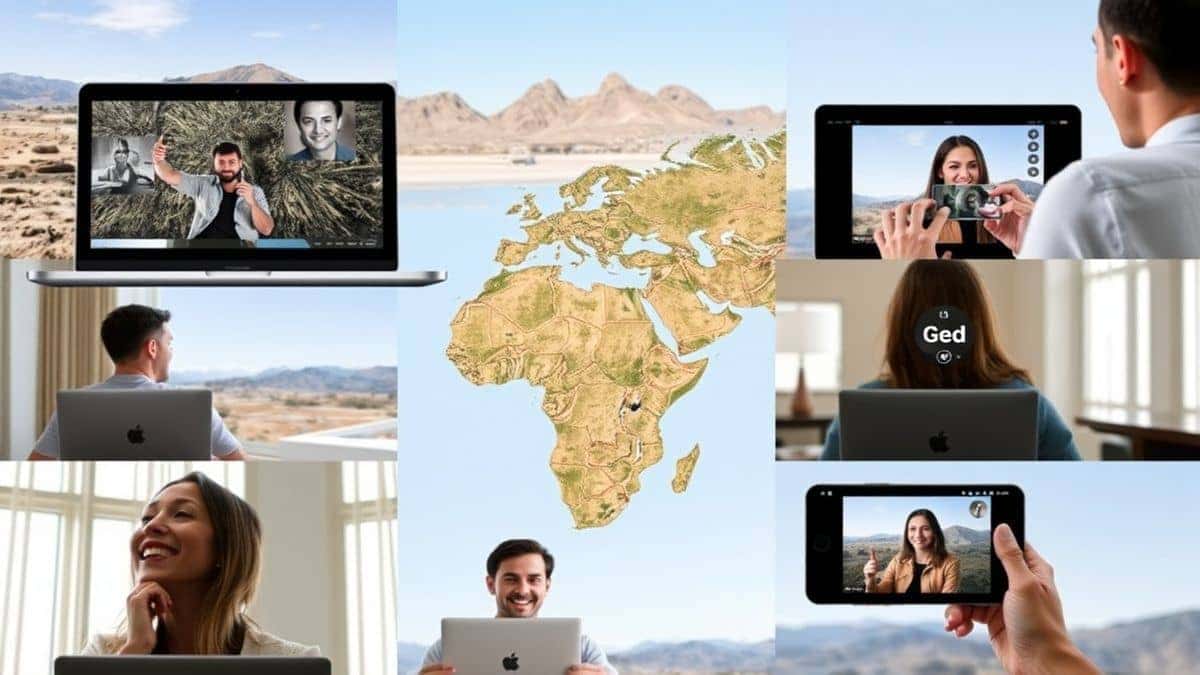 collage style image showing diverse users in different settings using PicTranslate on laptops and phones to translate video screenshots bright global atmosphere