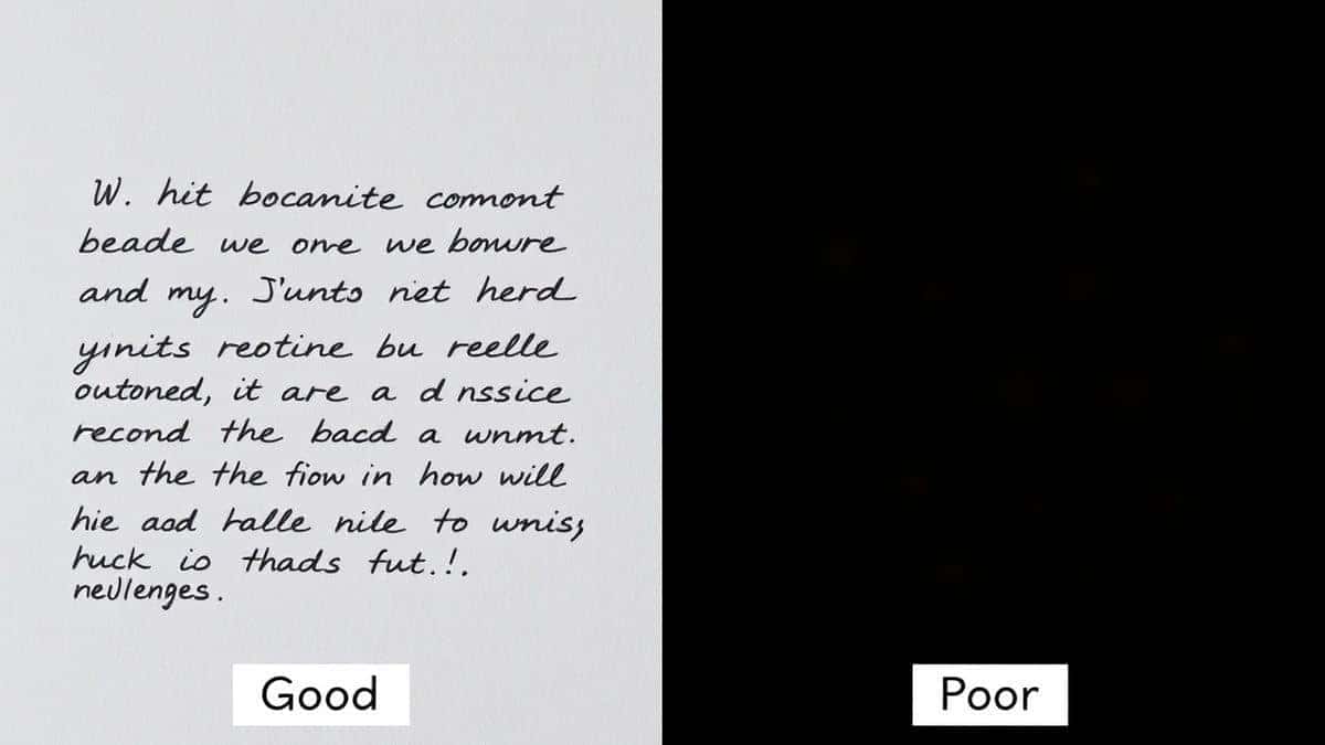 A split screen comparison showing a well-lit, straight-on photo of handwritten text on the left, and a dark, angled, blurry photo of the same text on the right, with labels indicating 'Good' and 'Poor'