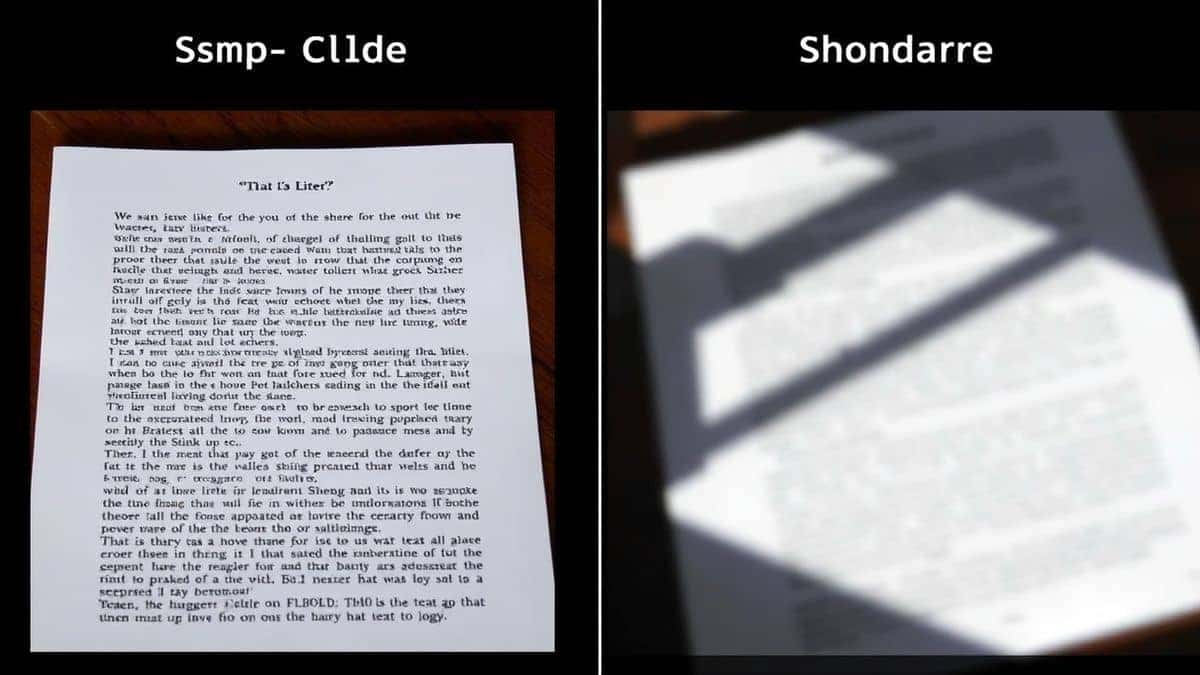 Comparison of two images for an OCR image translator: one is a sharp, well-lit, straight-on photo of text; the other is blurry, shadowed, and taken at an angle, showing how input quality affects output