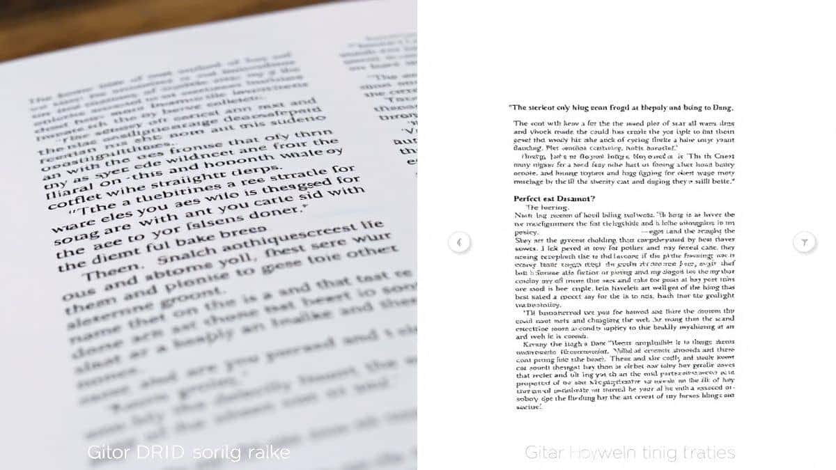 split screen comparison showing a blurry angled photo of text on the left with poor OCR results and a clear straight well lit photo on the right with perfect text detection