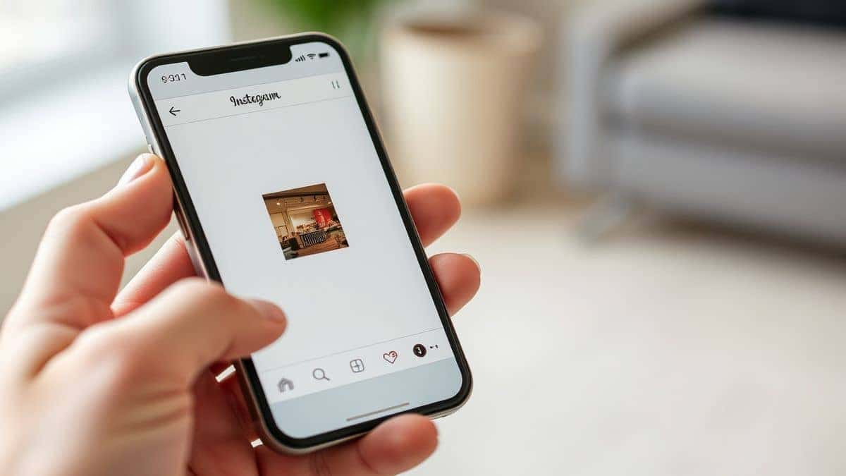 person holding smartphone with instagram open and translated text overlay modern interface clean lighting