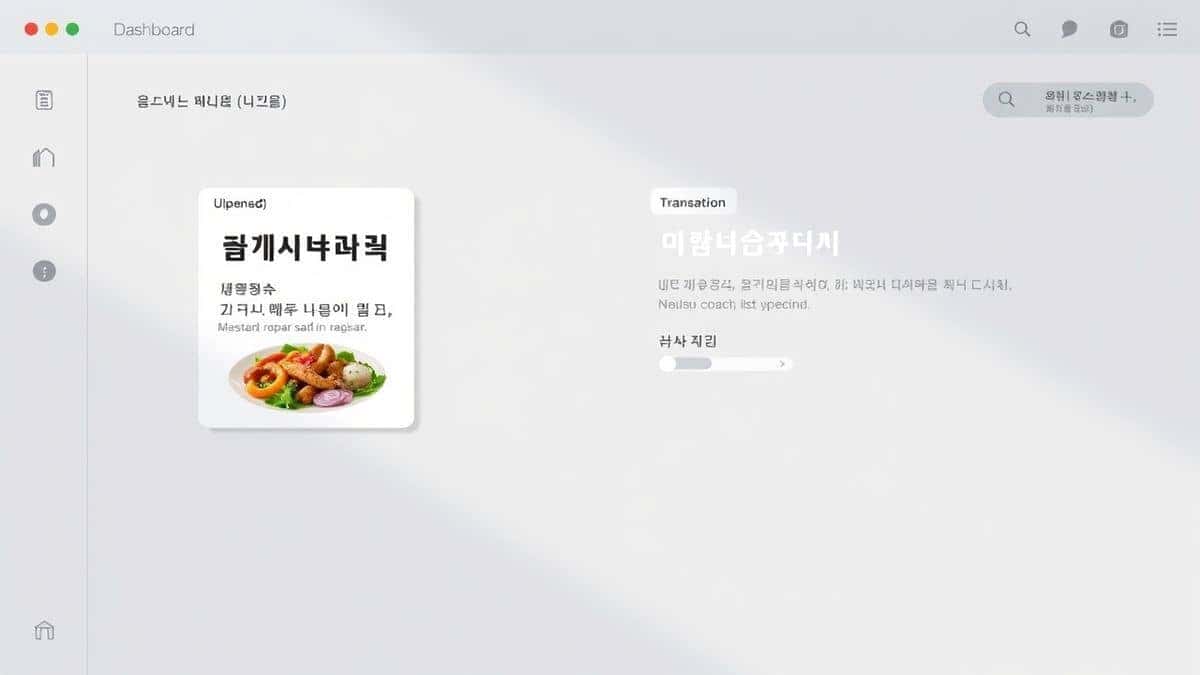 a modern web dashboard showing an uploaded Korean menu on the left side and instant English translation on the right side clean minimalist interface with soft shadows and a progress bar indicating AI processing