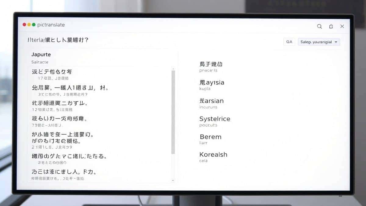a computer screen showing the pictranslate results panel with a list of different languages selected, the left side showing original Japanese text, the right side showing translations in English, Spanish, and Korean, vibrant colors