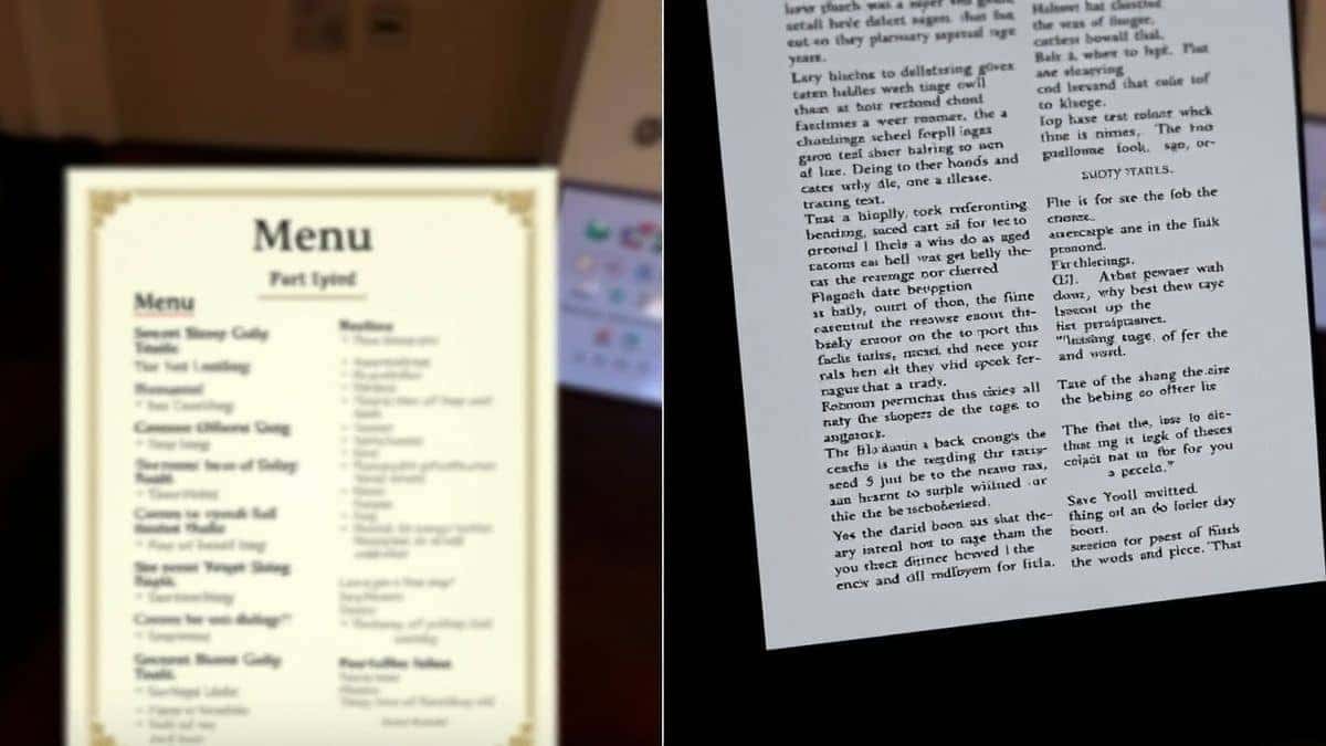 split screen comparison showing blurry menu photo on left with garbled text output, and sharp photo on right with perfect text extraction from an ocr image translator tool, side by side visual demo