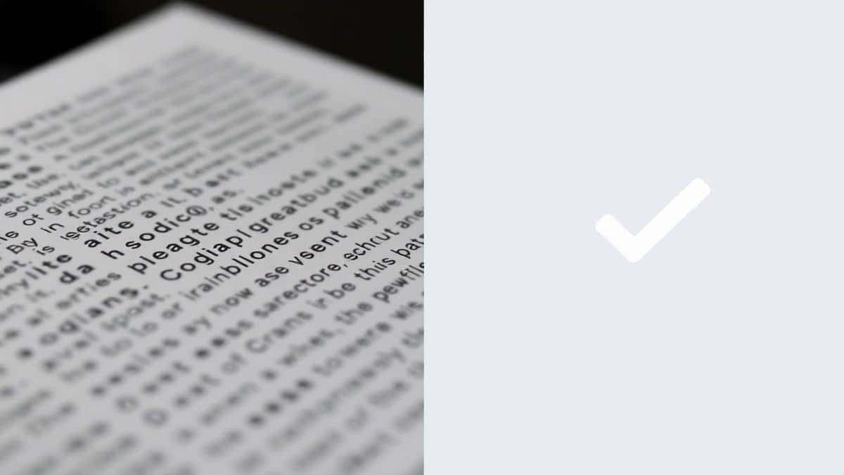 side by side comparison image showing a blurry low light photo of text on the left and a clear well lit high contrast photo on the right, with checkmark on the right image, educational style with labels