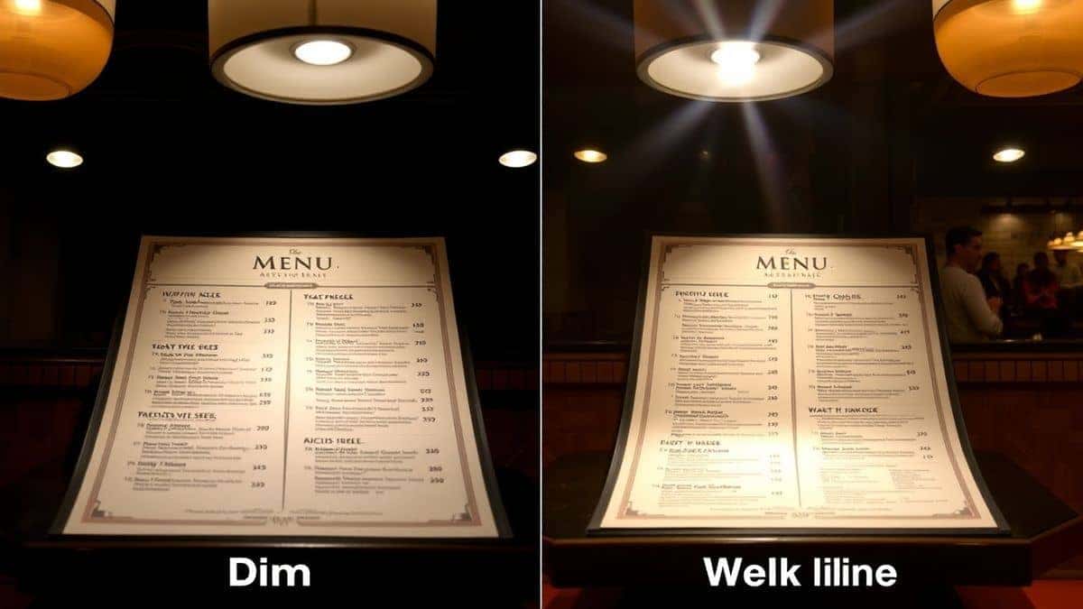 comparison shot of same menu in dim restaurant lighting versus well-lit with flash showing text clarity difference