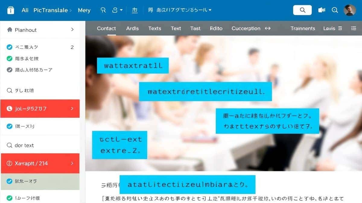 A close-up view of the AI OCR detection in action on a PicTranslate interface, with a screenshot of a website and all text elements highlighted in blue bounding boxes before extraction.