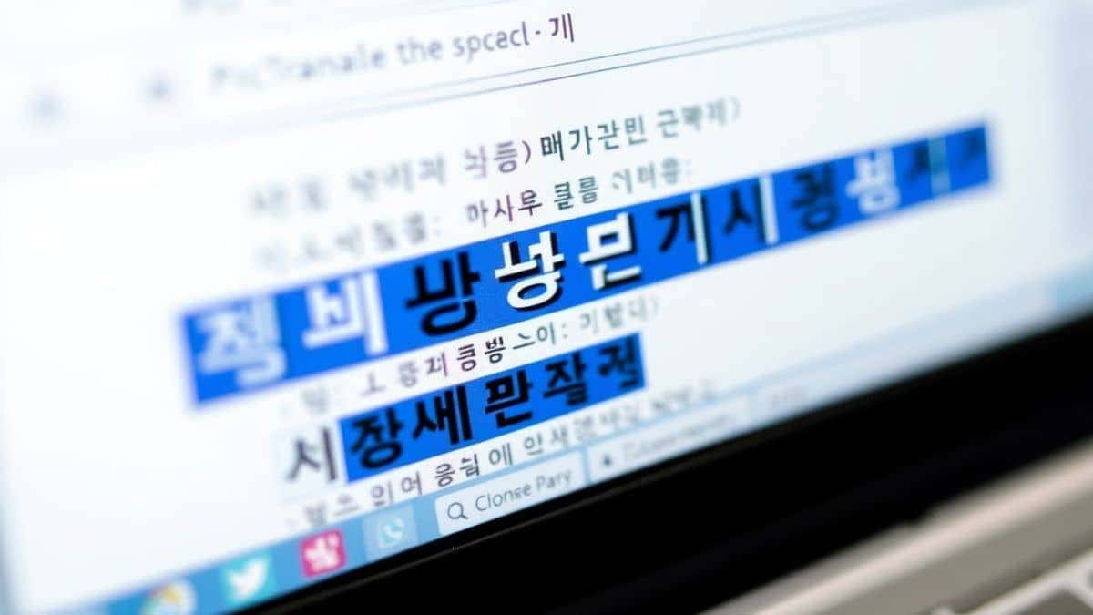 a close up macro shot of a computer screen showing the PicTranslate interface with Korean text highlighted in blue boxes by the AI OCR engine demonstrating high accuracy and detail