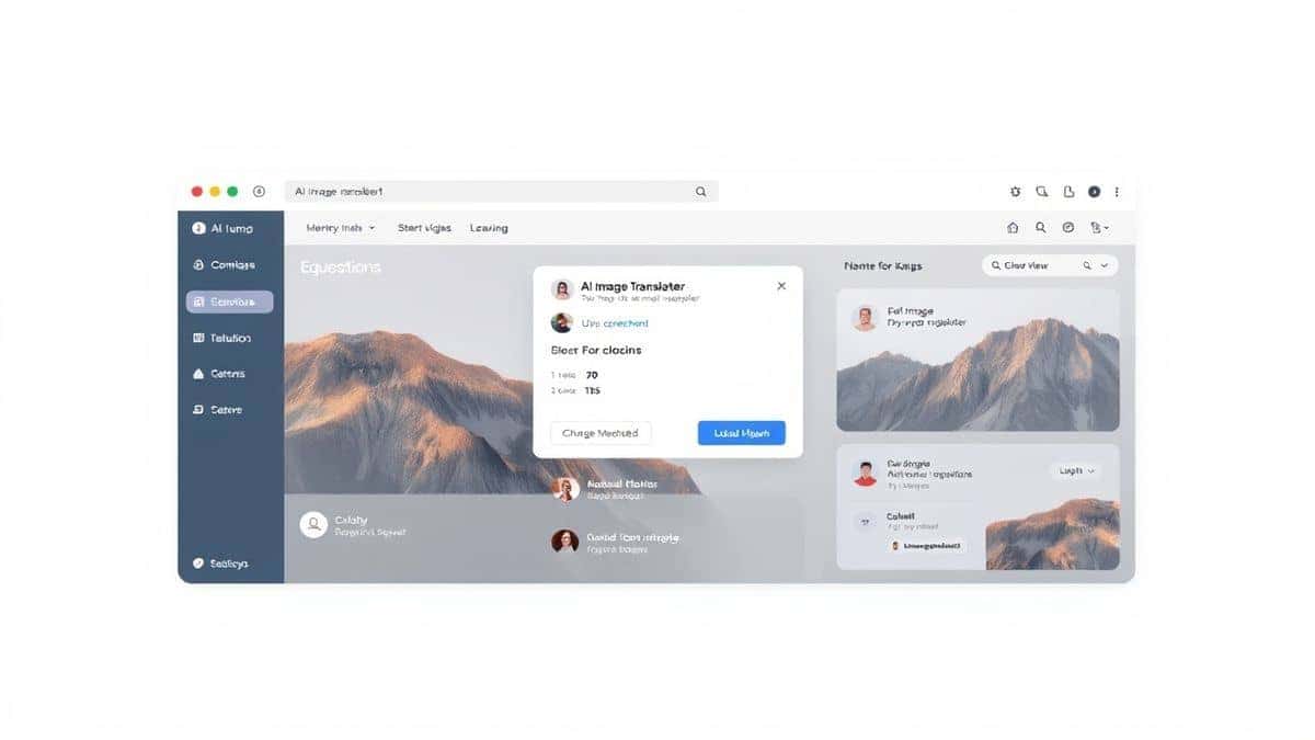 modern web browser interface showing an AI image translator dashboard with a clean minimalist design, user uploading a screenshot, bright white background, soft shadows, ultra detailed UI elements modern web browser interface showing an AI image translator dashboard with a clean minimalist design, user uploading a screenshot, bright white background, soft shadows, ultra detailed UI elements