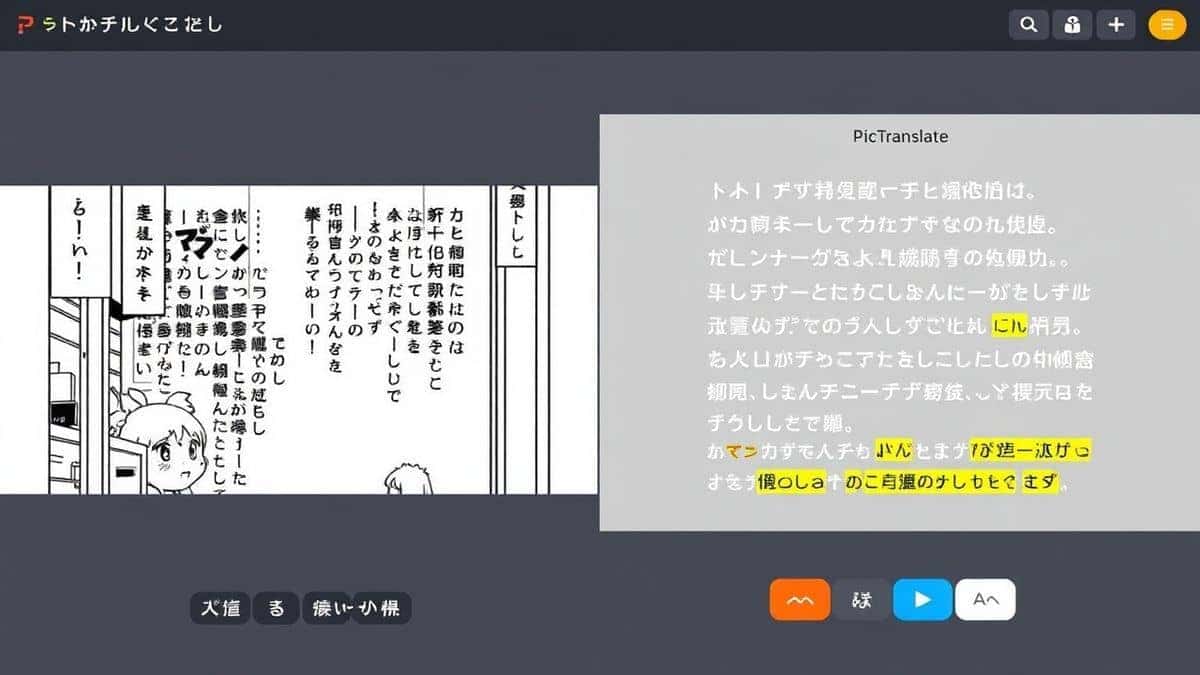 split screen showing an original Japanese manga screenshot on one side and the translated English text output on the other side in the PicTranslate interface