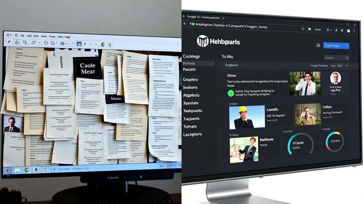 Split screen showing a cluttered, old-fashioned OCR software interface on one side and a clean, modern web-based image translator dashboard on the other