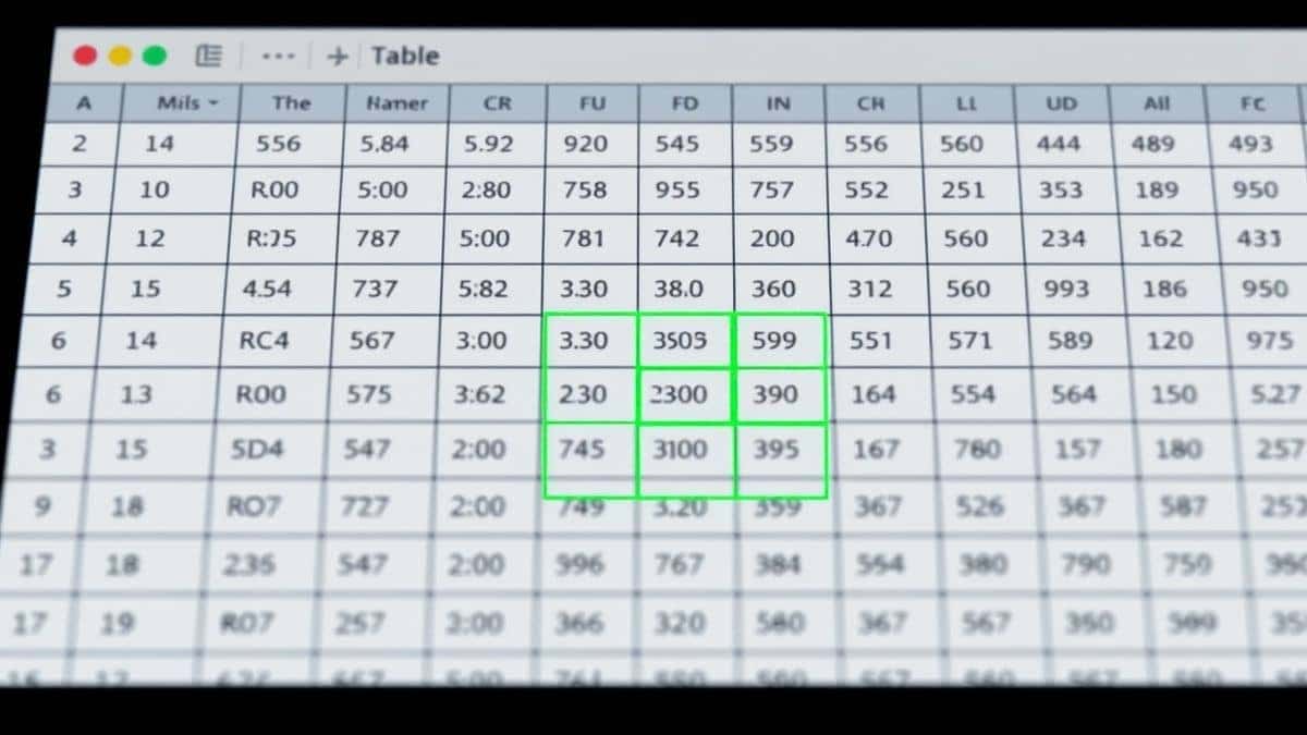 close up of AI OCR detecting table structure with bounding boxes around each cell, green highlights showing accurate column detection, professional screenshot with grid overlay