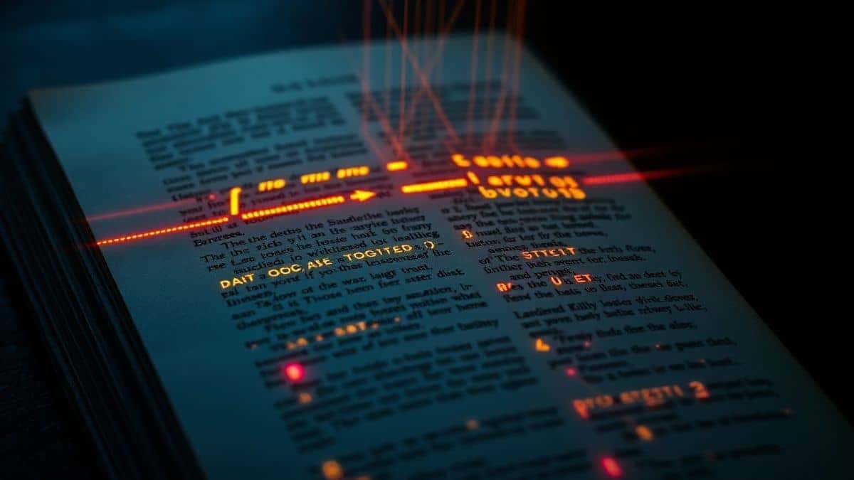 An abstract visualization of OCR technology scanning a vintage book page, with glowing lines highlighting text being lifted off the paper and converting into clean digital code, dark background with neon accents