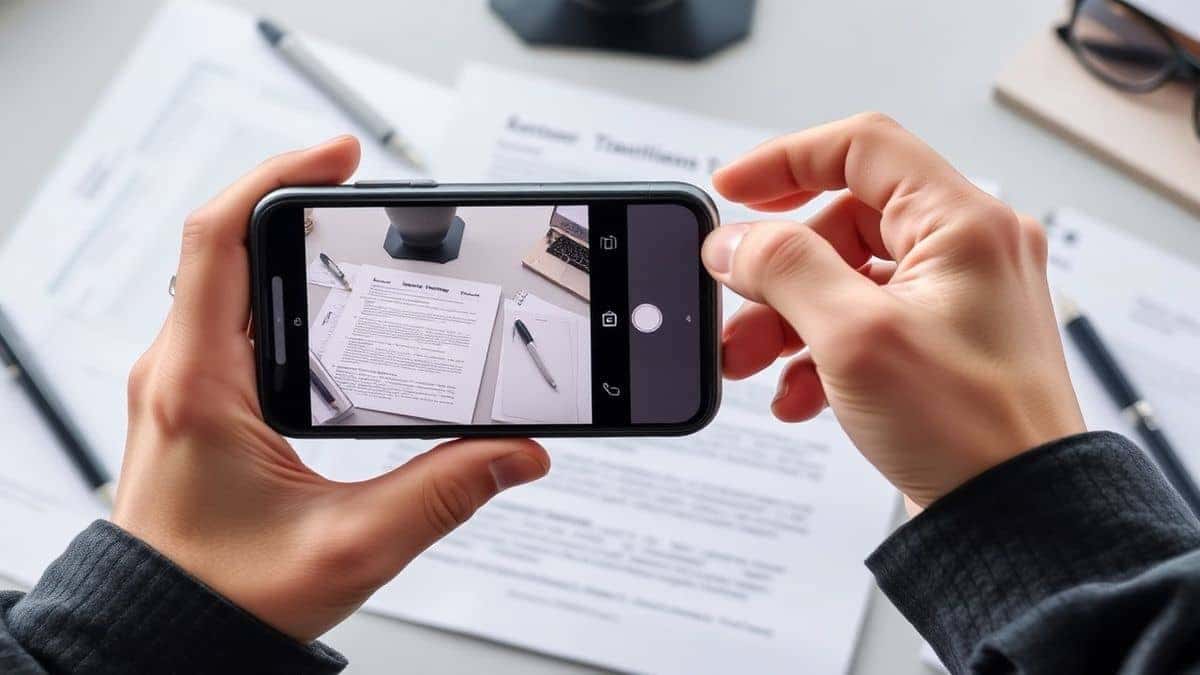 a person holding a smartphone directly above a document on a desk to take a photo with optimal lighting and no shadows for best OCR translation results
