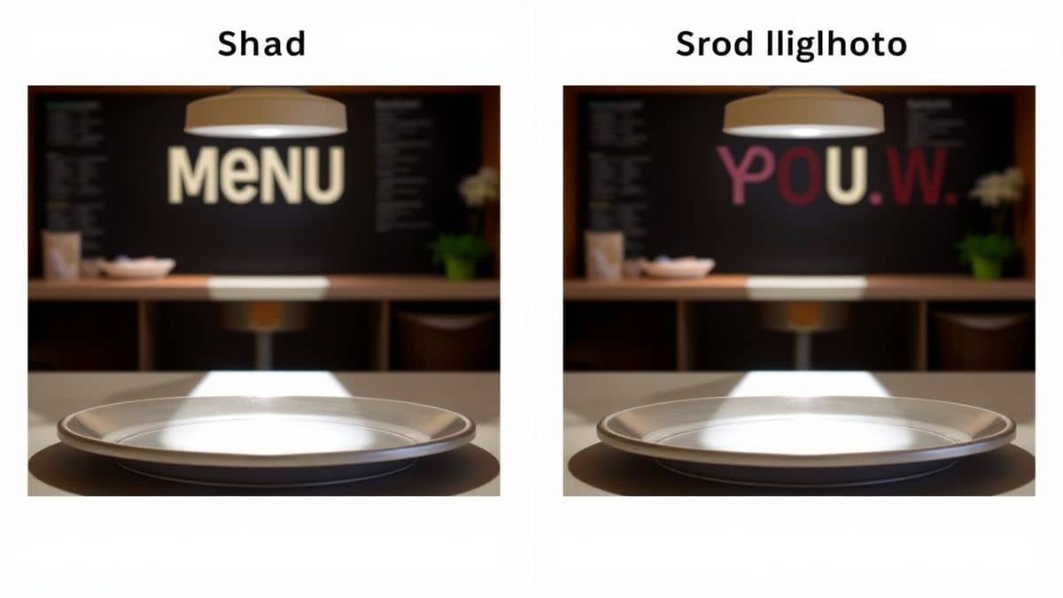 comparison showing bad menu photo with glare and shadow versus good photo with even lighting and sharp focus educational split view