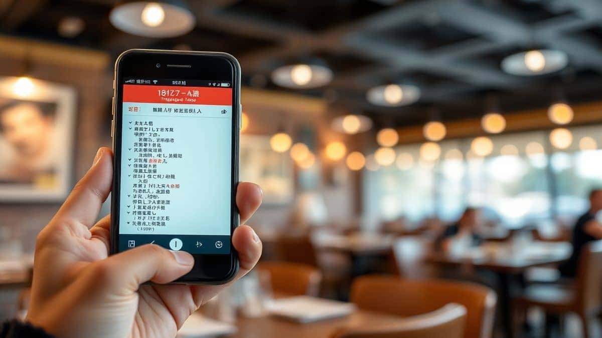 person holding smartphone translating foreign language menu in restaurant using ai image translator app natural lighting shallow depth of field