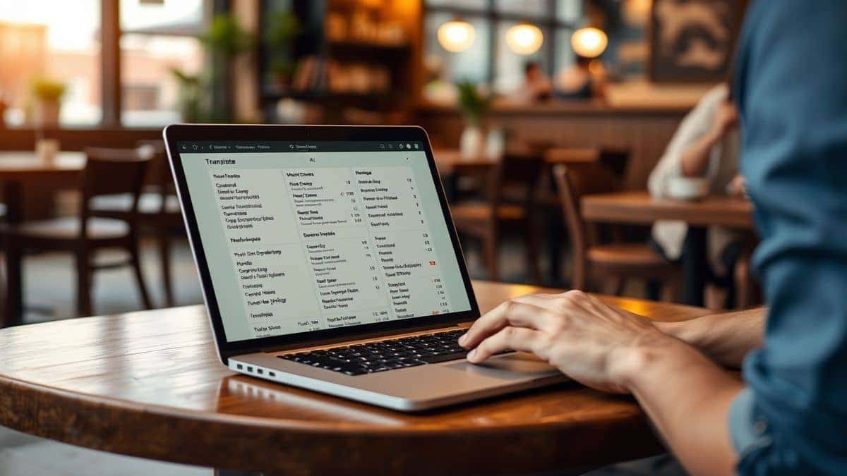 person sitting at a coffee shop table using a laptop to translate a foreign language menu with an ai image translator open in the browser warm atmosphere