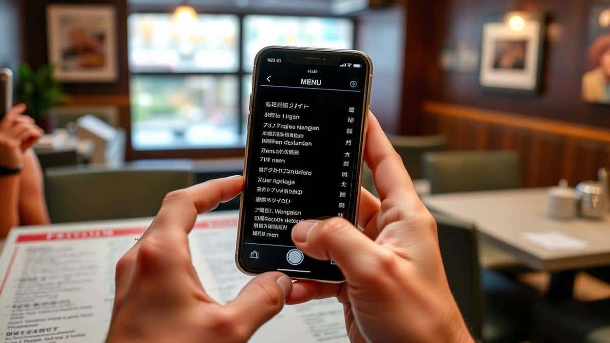 A person holding a smartphone over a foreign language menu in a restaurant, using an ai image translator app to instantly translate photo text, realistic lighting