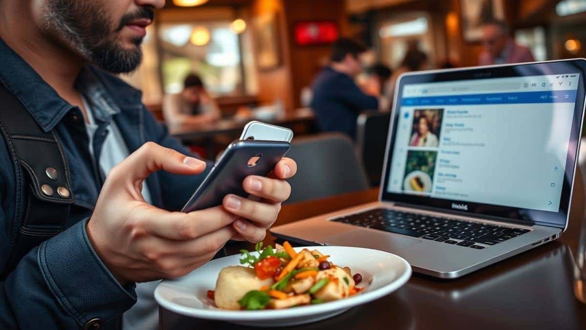 A traveler sitting in a cafe holding a smartphone next to a plate of food, with a laptop in the background showing the PicTranslate interface translating a menu, warm ambient lighting, candid street photography style.