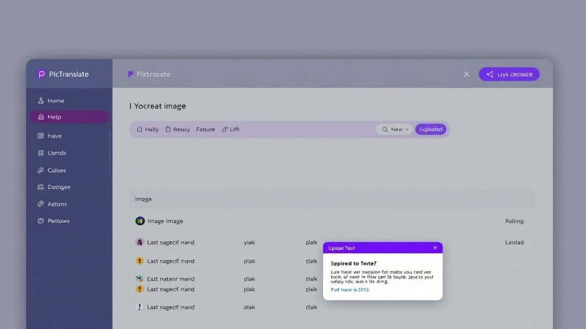 Sleek modern web dashboard of PicTranslate AI image translator showing an uploaded screenshot with text highlighted, clean minimalist UI with purple accent colors, soft shadows, ultra detailed 4k