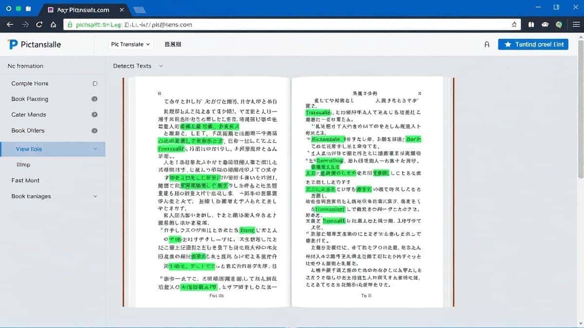 PicTranslate web interface showing uploaded book page with green overlays highlighting detected text before translation