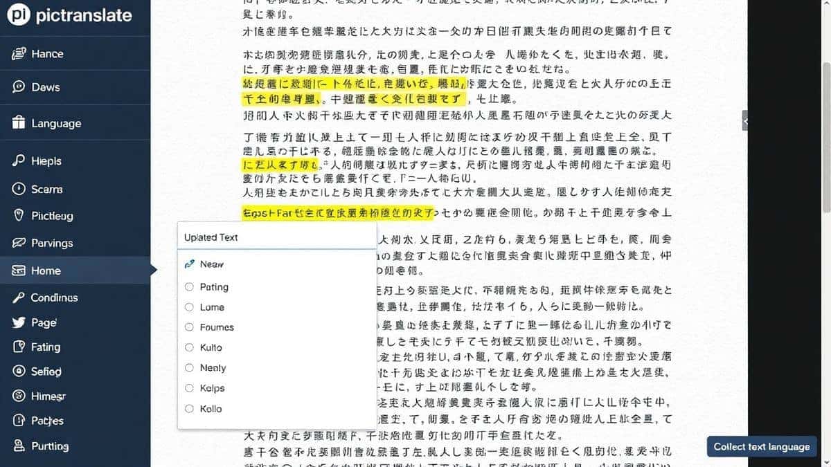 close up screenshot of the PicTranslate interface showing a scanned document uploaded with highlighted detected text and a dropdown menu for selecting target language from 40 plus options