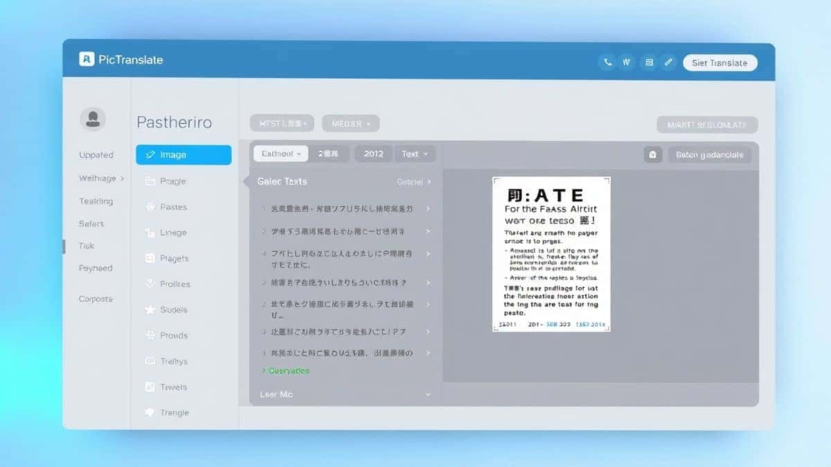 modern web based ai image translator dashboard showing text detection overlay on a business document screenshot clean white background soft blue lighting ultra detailed ui